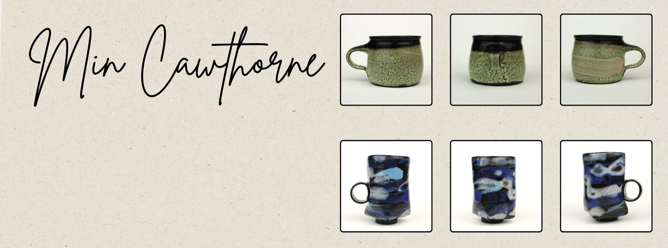 Collection of handmade slipware ceramic mugs with 'Min Cawthorne' branding on a beige background